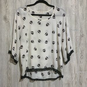 Le Lis Novelty Owl Print Lightweight Oversized 3/4 Sleeve Blouse Top Crochet M